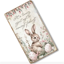 Fa tábla nyomtatott, Húsvéti rózsaszín téma, kerek 13x24,3cm