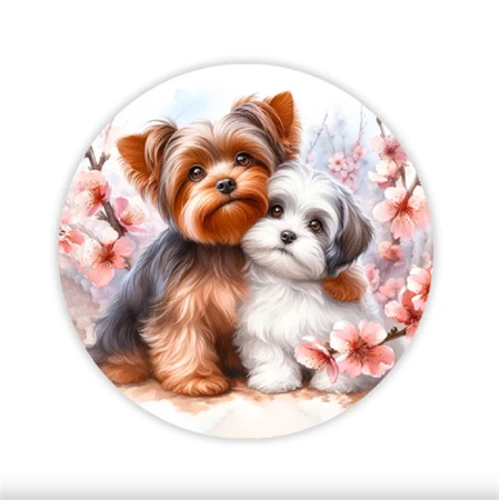 Fa tábla nyomtatott, Yorki kutyusok, kerek 11,8cm