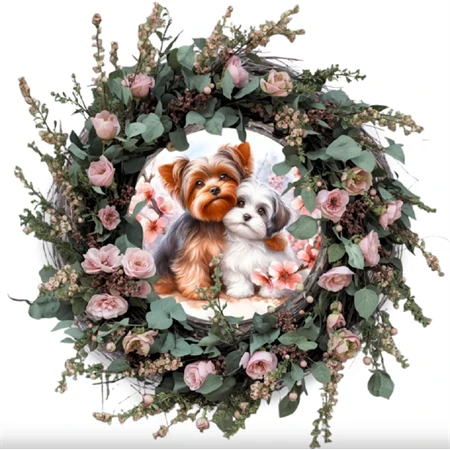 Fa tábla nyomtatott, Yorki kutyusok, kerek 11,8cm