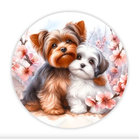 Fa tábla nyomtatott, Yorki kutyusok, kerek 14,8cm