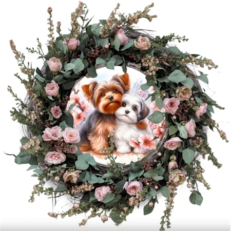 Fa tábla nyomtatott, Yorki kutyusok, kerek 14,8cm