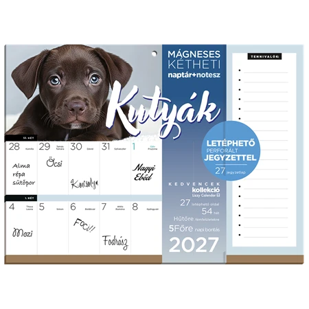 Falinaptár 2027 LIZZYCALENDAR kéthetes tervező mágneses Kutyák, jegyzettömbbel