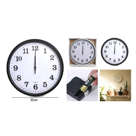 Falióra 30cm kerek üveg fehér számlap fehér,fekete keret, 1db