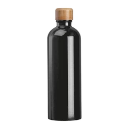 Fém palack, 750 ml-es, karabinerrel, acél ivópalack fekete 7,3 x 23,5 cm bambusz kupakkal, szivárgás mentes