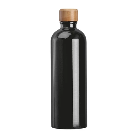 Fém palack, 750 ml-es, karabinerrel, acél ivópalack fekete 7,3 x 23,5 cm bambusz kupakkal, szivárgás mentes