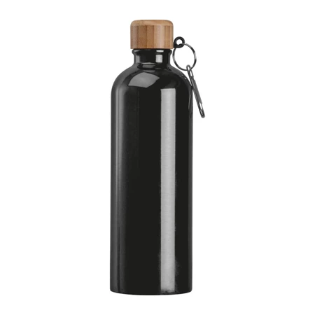 Fém palack, 750 ml-es, karabinerrel, acél ivópalack fekete 7,3 x 23,5 cm bambusz kupakkal, szivárgás mentes
