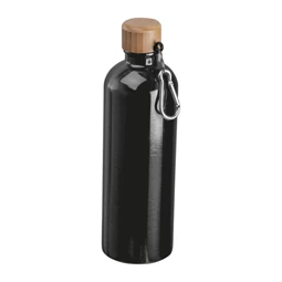 Fém palack, 750 ml-es, karabinerrel, acél ivópalack fekete 7,3 x 23,5 cm bambusz kupakkal, szivárgás mentes