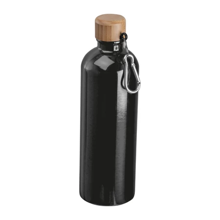 Fém palack, 750 ml-es, karabinerrel, acél ivópalack fekete 7,3 x 23,5 cm bambusz kupakkal, szivárgás mentes