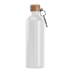 Fém palack, 750 ml-es, karabinerrel, acél ivópalack fehér 7,3 x 23,5 cm bambusz kupakkal, szivárgás mentes