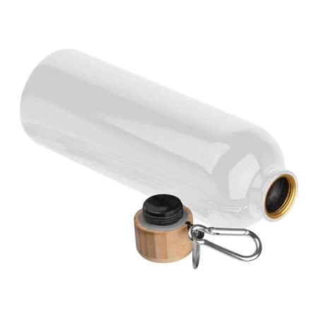 Fém palack, 750 ml-es, karabinerrel, acél ivópalack fehér 7,3 x 23,5 cm bambusz kupakkal, szivárgás mentes