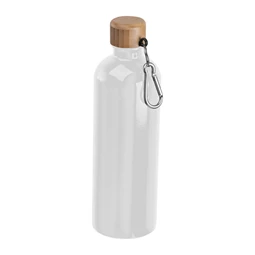 Fém palack, 750 ml-es, karabinerrel, acél ivópalack fehér 7,3 x 23,5 cm bambusz kupakkal, szivárgás mentes