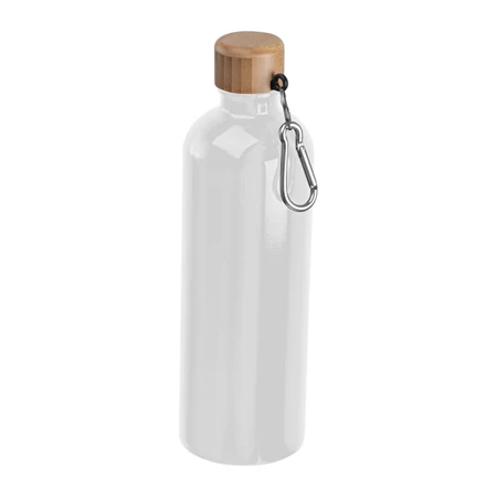 Fém palack, 750 ml-es, karabinerrel, acél ivópalack fehér 7,3 x 23,5 cm bambusz kupakkal, szivárgás mentes