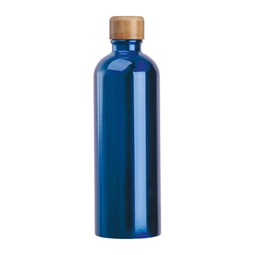 Fém palack, 750 ml-es, karabinerrel, acél ivópalack kék 7,3 x 23,5 cm bambusz kupakkal, szivárgás mentes