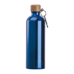 Fém palack, 750 ml-es, karabinerrel, acél ivópalack kék 7,3 x 23,5 cm bambusz kupakkal, szivárgás mentes