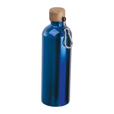 Fém palack, 750 ml-es, karabinerrel, acél ivópalack kék 7,3 x 23,5 cm bambusz kupakkal, szivárgás mentes