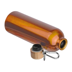 Fém palack, 750 ml-es, karabinerrel, acél ivópalack narancssárga 7,3 x 23,5 cm bambusz kupakkal, szivárgás mentes