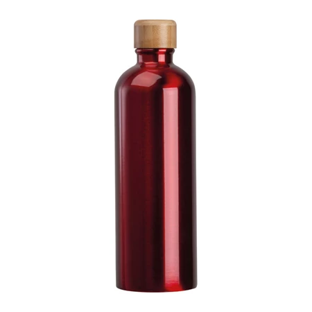 Fém palack, 750 ml-es, karabinerrel, acél ivópalack piros 7,3 x 23,5 cm bambusz kupakkal, szivárgás mentes