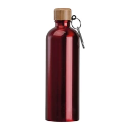 Fém palack, 750 ml-es, karabinerrel, acél ivópalack piros 7,3 x 23,5 cm bambusz kupakkal, szivárgás mentes
