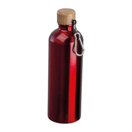 Fém palack, 750 ml-es, karabinerrel, acél ivópalack piros 7,3 x 23,5 cm bambusz kupakkal, szivárgás mentes