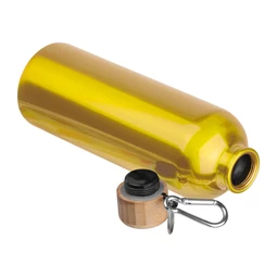 Fém palack, 750 ml-es, karabinerrel, acél ivópalack sárga 7,3 x 23,5 cm bambusz kupakkal, szivárgás mentes