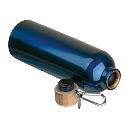Fém palack, 750 ml-es, karabinerrel, acél ivópalack sötétkék 7,3 x 23,5 cm bambusz kupakkal, szivárgás mentes