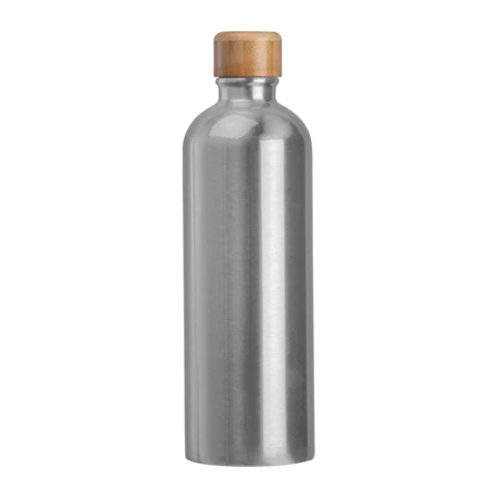 Fém palack, 750 ml-es, karabinerrel, acél ivópalack szürke 7,3 x 23,5 cm bambusz kupakkal, szivárgás mentes