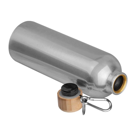 Fém palack, 750 ml-es, karabinerrel, acél ivópalack szürke 7,3 x 23,5 cm bambusz kupakkal, szivárgás mentes
