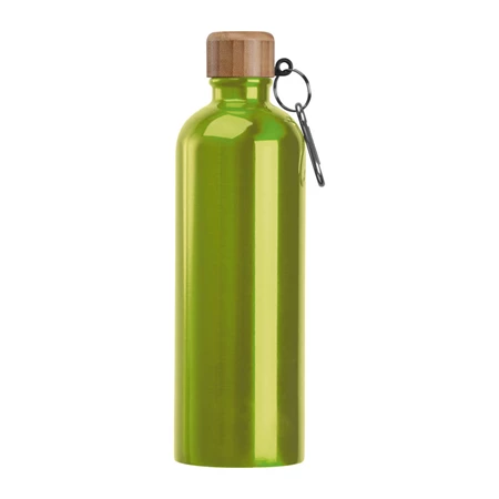 Fém palack, 750 ml-es, karabinerrel, acél ivópalack világos zöld 7,3 x 23,5 cm bambusz kupakkal, szivárgás mentes
