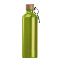 Fém palack, 750 ml-es, karabinerrel, acél ivópalack világos zöld 7,3 x 23,5 cm bambusz kupakkal, szivárgás mentes