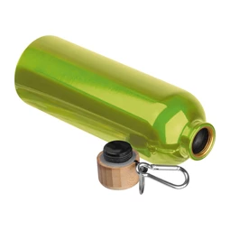 Fém palack, 750 ml-es, karabinerrel, acél ivópalack világos zöld 7,3 x 23,5 cm bambusz kupakkal, szivárgás mentes