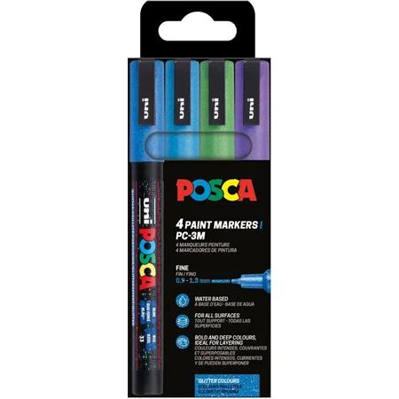 Filc UNI Posca PC-3ML, 4db/csomag hideg csillámló színek, kék, világoskék, zöld, lila