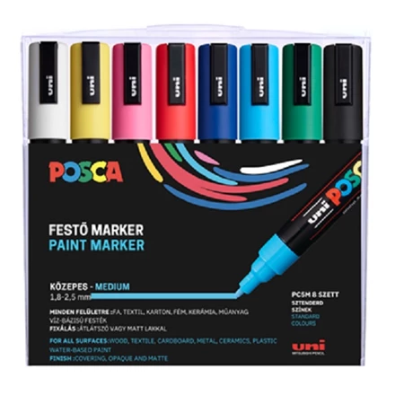 Filc UNI Posca PC-5M 8db/csomag fehér, sárga, rózsaszín, piros, kék, világoskék, zöld, fekete 1,8-2,5mm