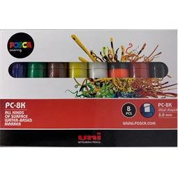 Filc UNI Posca PC-8K, 8db/csomag kék, zöld, világoskék, sárga, fehér, rózsaszín, piros, fekete 8mm