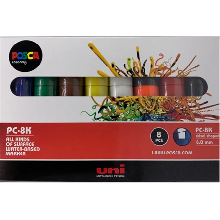 Filc UNI Posca PC-8K, 8db/csomag kék, zöld, világoskék, sárga, fehér, rózsaszín, piros, fekete 8mm