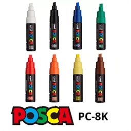 Filc UNI Posca PC-8K, 8db/csomag kék, zöld, világoskék, sárga, fehér, rózsaszín, piros, fekete 8mm