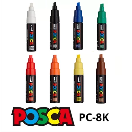 Filc UNI Posca PC-8K, 8db/csomag kék, zöld, világoskék, sárga, fehér, rózsaszín, piros, fekete 8mm