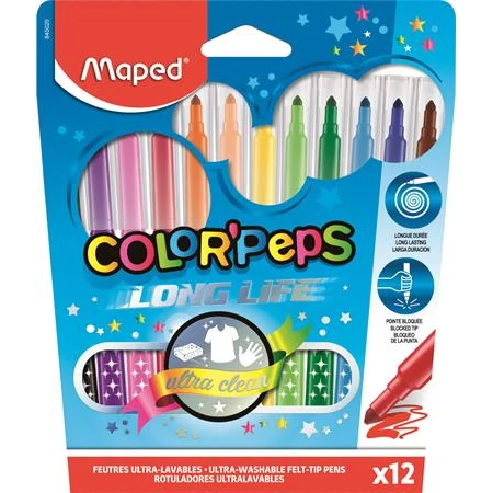 Filc készlet 12db-os MAPED Color Peps Long Life háromszög alakú test, mosható 1-3,6 mm hegy