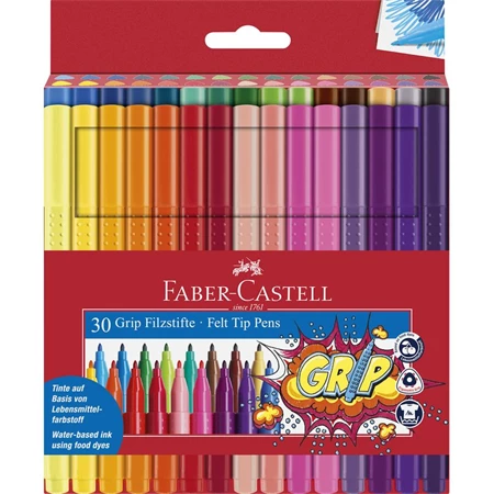 Filc készlet 30db-os FABER-CASTELL Grip, Élelmiszerfesték alapú tintával, Ergonomikus háromszög alakú