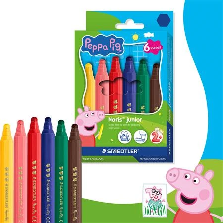 Filc készlet 6 db-os STAEDTLER „Noris® junior 329” 2,5 mm jumbo kimosható, Peppa malac minta, 6 szín