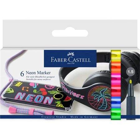 Filc készlet 6db-os FABER Art and Graphic 1,5mm Neon színek, 160°C-os sütőben 30 perces fixálás vízálló,