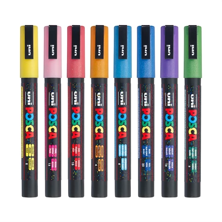 Filc készlet UNI Posca PC-3M Csillámos 8db/csomag, csillám narancs, zöld -világoskék -kék -lila -rózsaszín -piros -sárga