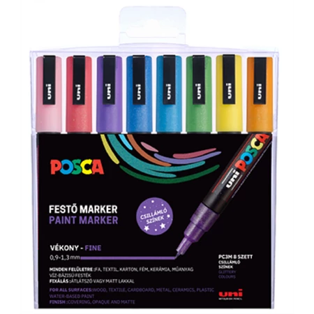 Filc készlet UNI Posca PC-3M Csillámos 8db/csomag, csillám narancs, zöld -világoskék -kék -lila -rózsaszín -piros -sárga
