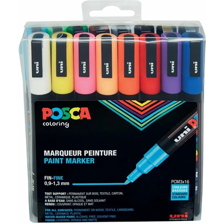Filc készlet UNI Posca PC-3M 16db/csomag kúpos hegyű, 0,9-1,3 mm vastag filc