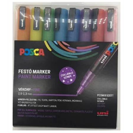 Filc készlet UNI Posca PC-3M Csillámos 8db/csomag, csillám narancs, zöld -világoskék -kék -lila -rózsaszín -piros -sárga