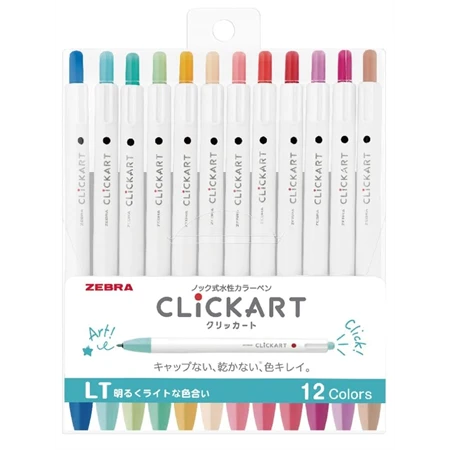 Filctoll ZEBRA 12db-os készlet Clickart nyomógombos 2mm kúphegy, vonalvastagság 0,6mm, világos színek