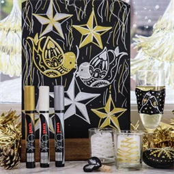 Folyékony krétamarker készlet, karácsonyi 4db/csomag UNI PWE-5M 1,8-2,5mm hegy fehér, fekete, arany, ezüst