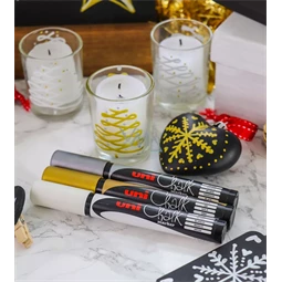 Folyékony krétamarker készlet, karácsonyi 4db/csomag UNI PWE-5M 1,8-2,5mm hegy fehér, fekete, arany, ezüst