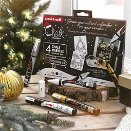 Folyékony krétamarker készlet, karácsonyi 4db/csomag UNI PWE-5M 1,8-2,5mm hegy fehér, fekete, arany, ezüst