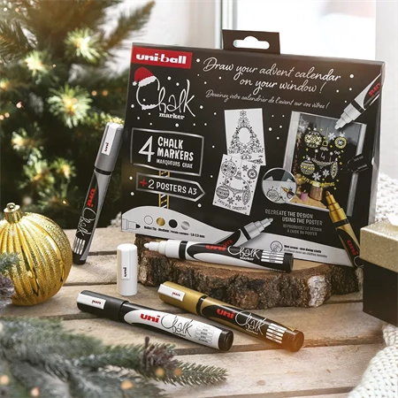 Folyékony krétamarker készlet, karácsonyi 4db/csomag UNI PWE-5M 1,8-2,5mm hegy fehér, fekete, arany, ezüst