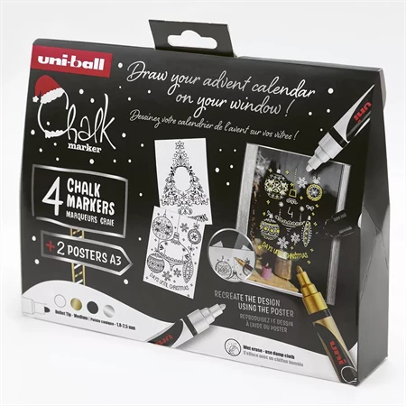 Folyékony krétamarker készlet, karácsonyi 4db/csomag UNI PWE-5M 1,8-2,5mm hegy fehér, fekete, arany, ezüst
